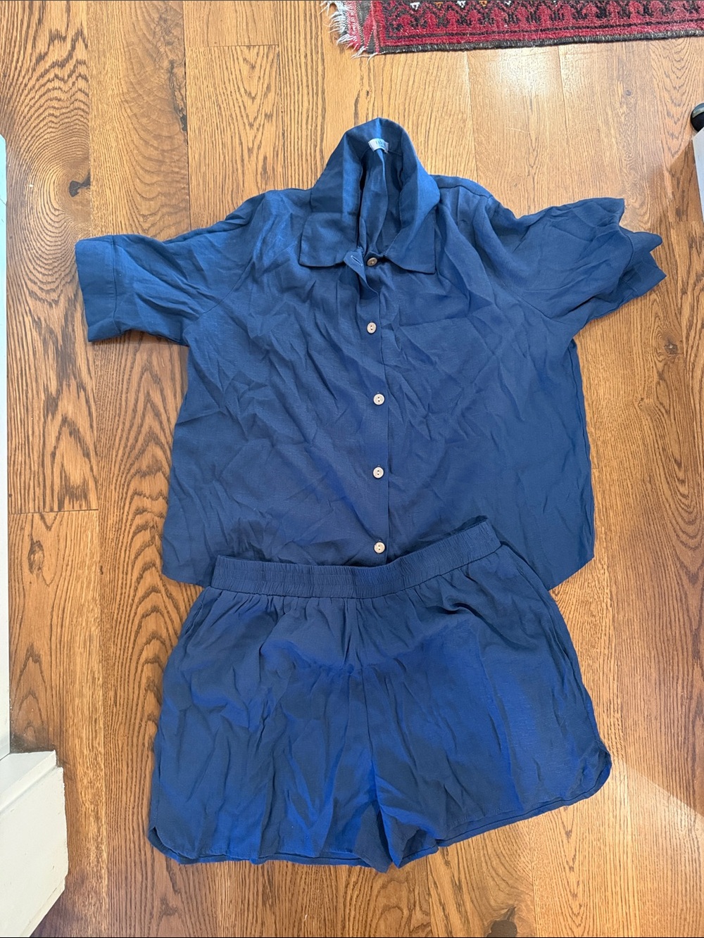 Women's Navy Short Pajama Set - Button Front Top & Elastic Waist Shorts